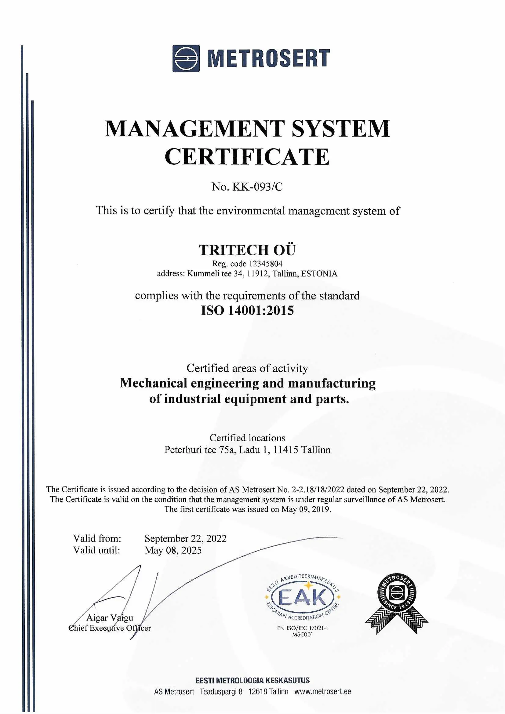 14001:2015 certificate